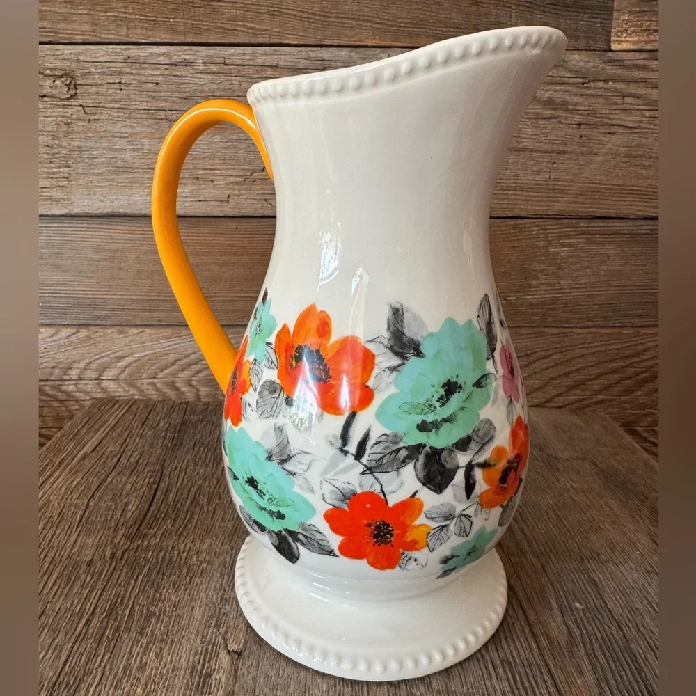 Floral Ceramic Pitcher with Orange Handle - White & Multicolor